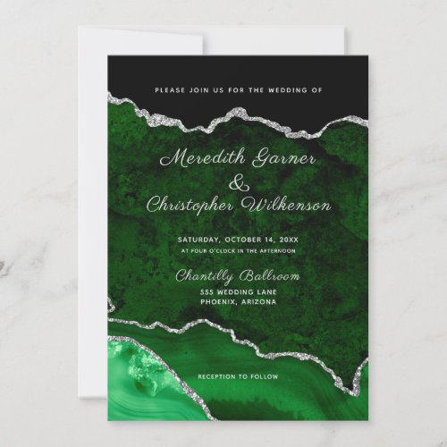 Green and Silver Glitter Agate Geode Wedding Invitation