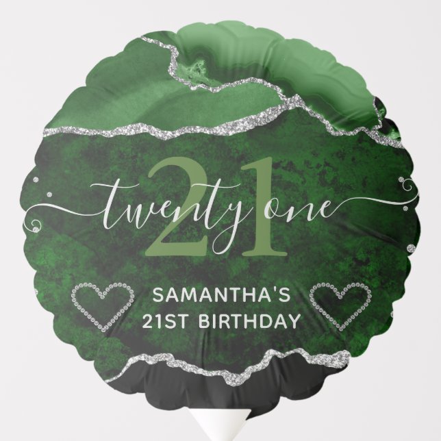 Green and Silver Glitter Agate Marble Birthday Balloon (Front)