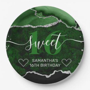 Green and Silver Glitter Agate Marble Sweet 16 Paper Plates
