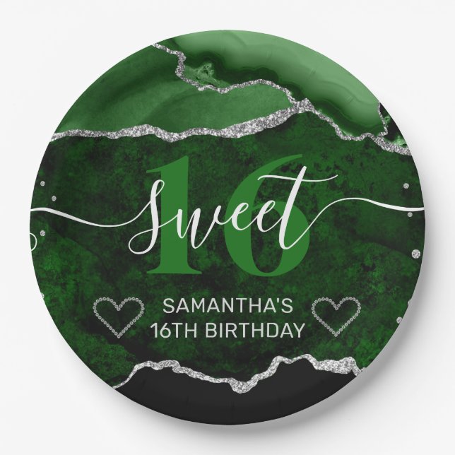 Green and Silver Glitter Agate Marble Sweet 16 Paper Plates (Front)