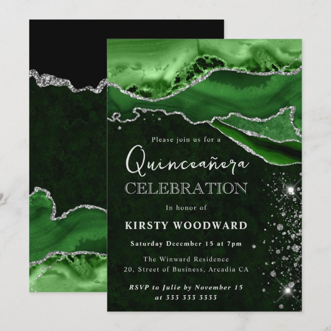 Green and Silver Glitter Agate Quinceanera Invitation (Front/Back)