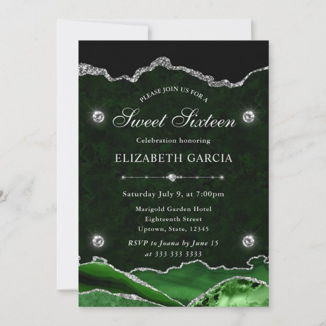 Green and Silver Glitter Agate Sweet 16 Invitation (Front)