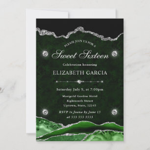 Green and Silver Glitter Agate Sweet Sixteen Invitation
