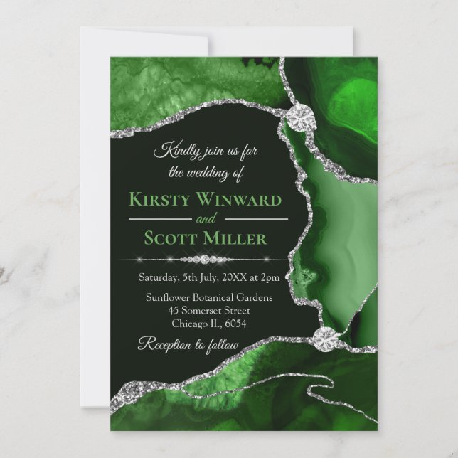 Green and Silver Glitter Agate Wedding Invitation (Front)