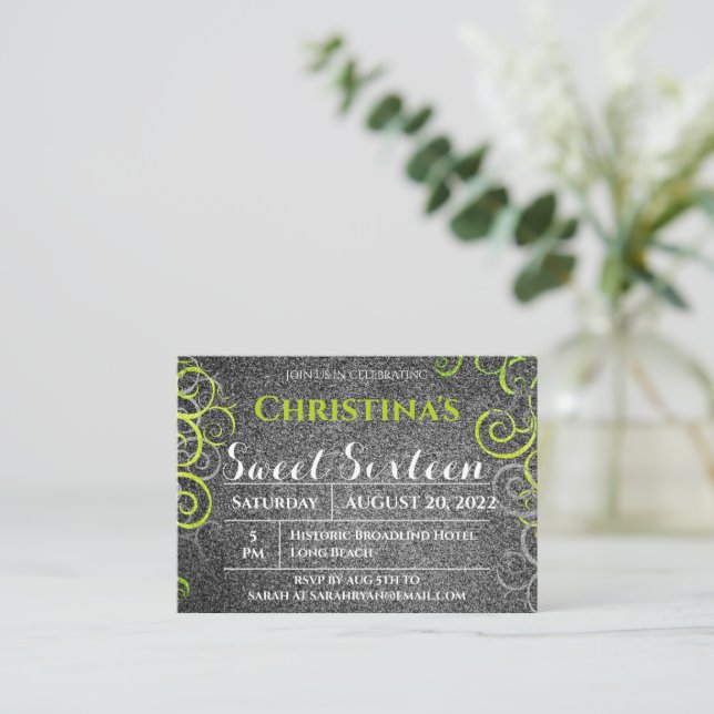 Green and Silver Glitter Birthday Invitation (Standing Front)