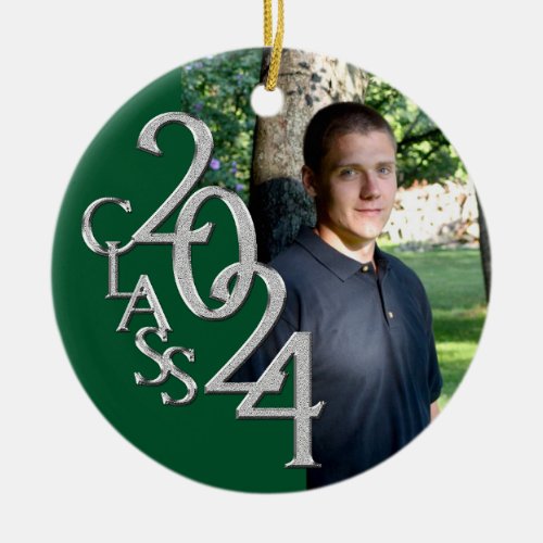 Green and Silver Graduation Class of 2024 Photo Ceramic Ornament