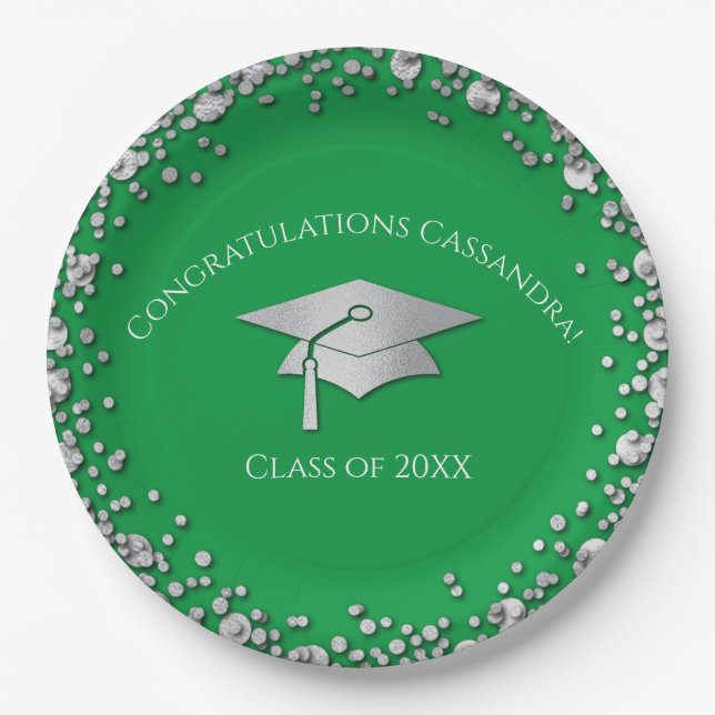 Green and Silver Graduation Paper Plates (Front)