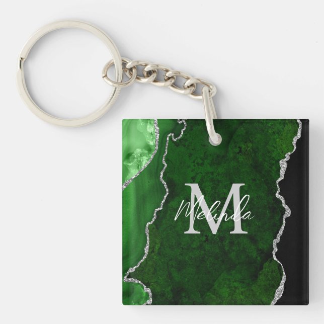 Green and Silver Marble Agate Keychain (Front)