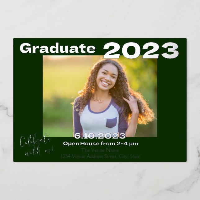 Green and Silver Photo Graduation Invitation Card (Front)