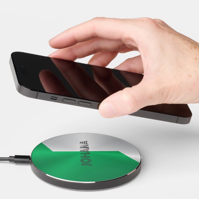Green and silver split screen geometric design wireless charger  (Hand)