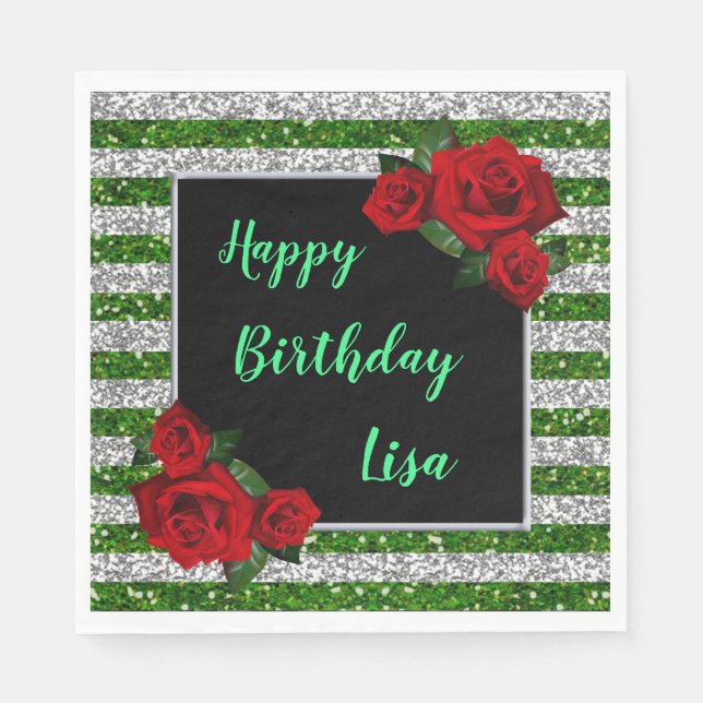 Green And Silver Stripe Glitter Red Roses Birthday Napkins (Front)