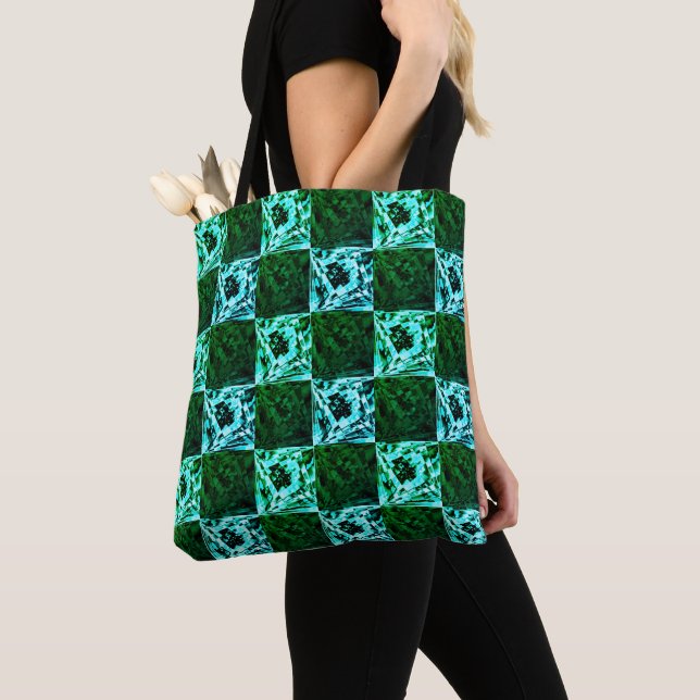 Green and sky blue chess or cyan, with rectangle tote bag (Close Up)