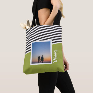 Green and Striped Pattern Personalized Photo Tote Bag
