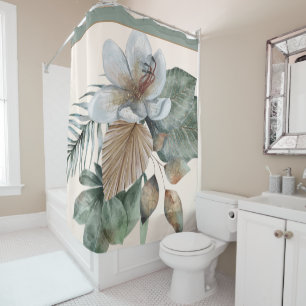 Green and tan botanical shower curtain