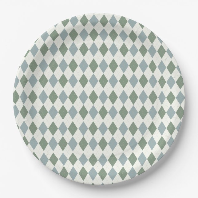 Green and Taupe Argyle Pattern-Elegant  Versatile Paper Plates (Front)