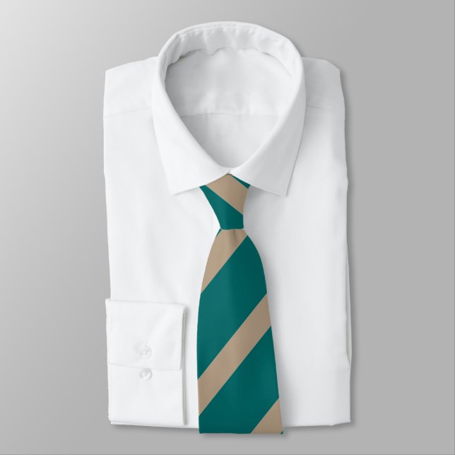 Green and taupe wide stripe pattern neck tie (Tied)