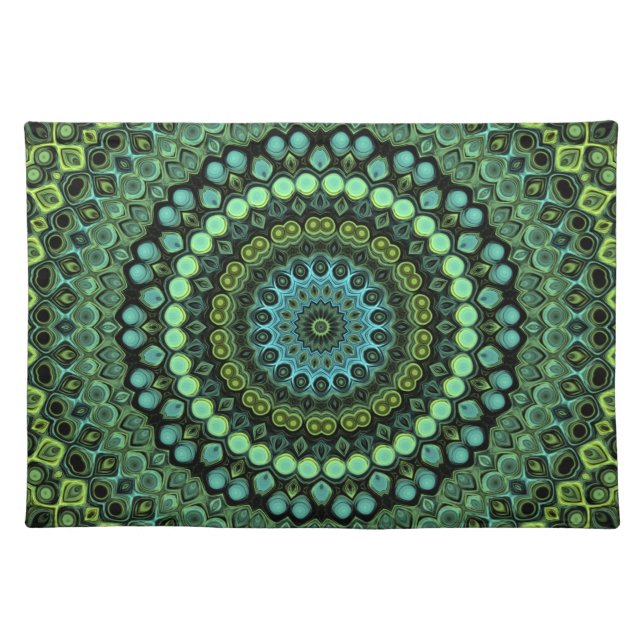 Green and Teal Kaleidoscope Mandala Pattern Cloth Placemat (Front)