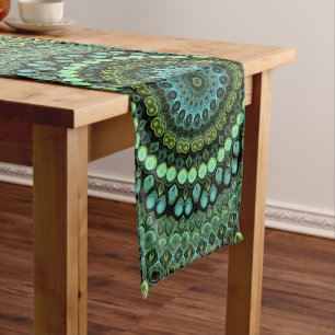 Green and Teal Kaleidoscope Mandala Pattern Long Table Runner