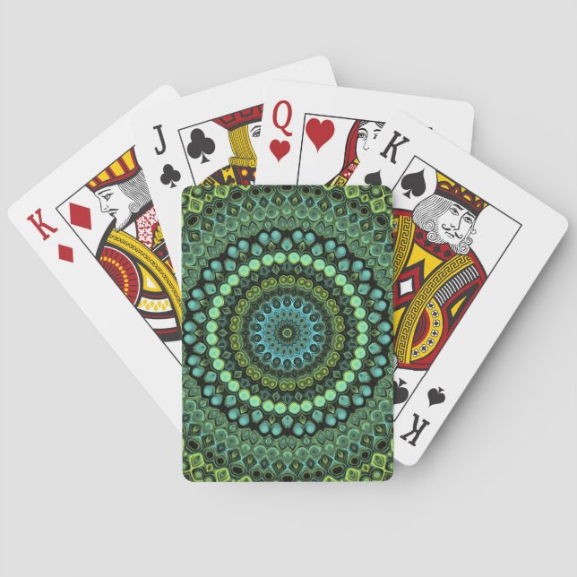 Green and Teal Kaleidoscope Mandala Pattern Poker Cards (Back)