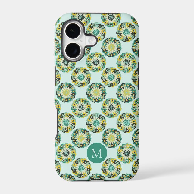 Green and Teal Modern Geometric Flower Pattern Iphone Case (Back)