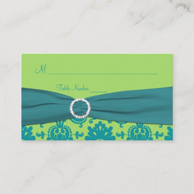 Green and Turquoise Damask Place Card (Front)