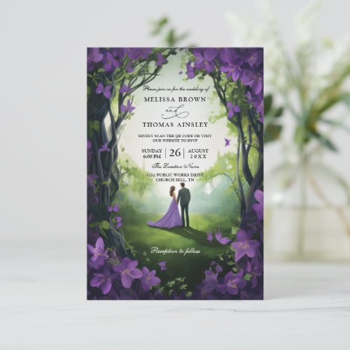 Green And Violet Floral Budget QR Code Wedding Invitation