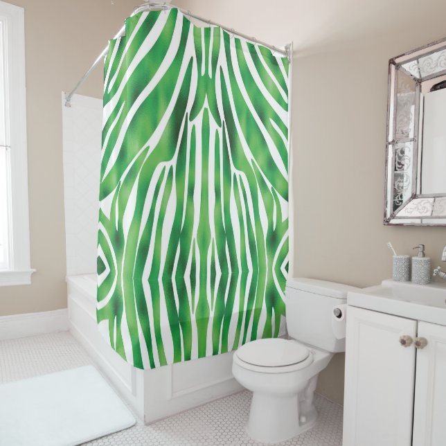 Green and White Abstract Stripe pattern  Shower Curtain (In Situ)