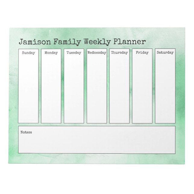 Green and White Abstract Watercolor Weekly Planner Notepad (Front)