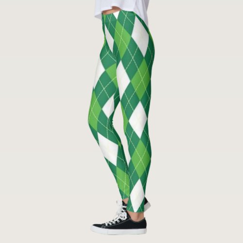 Green and White Argyle Pattern Leggings