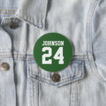 Green and White Athlete Name Jersey Number Button<br><div class="desc">Cheer on your favorite sports team, football player or just show off your school pride with a custom personalized spirit button! Add your school name or personalize with a player's name and jersey number. Perfect for football, basketball, baseball and soccer games! Create custom pins for the whole team, cheerleaders, parents...</div>