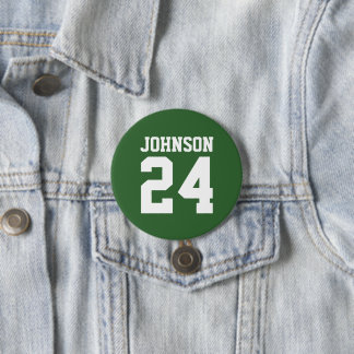 Green and White Athlete Name Jersey Number Button