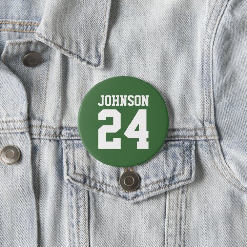 Green and White Athlete Name Jersey Number Button