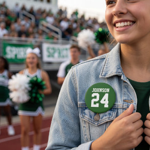 Green and White Athlete Name Jersey Number Button