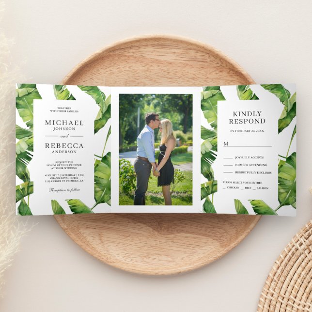 Green and White Banana Leaves Tropical Wedding Tri-Fold Invitation (Creator Uploaded)