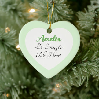 Green and White Be Strong Bible Verse Name Heart Ceramic Ornament