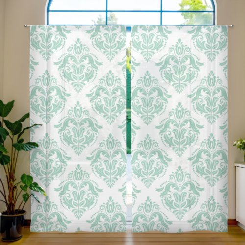 Green and White Beautiful Vintage Floral Damask Sheer Curtains