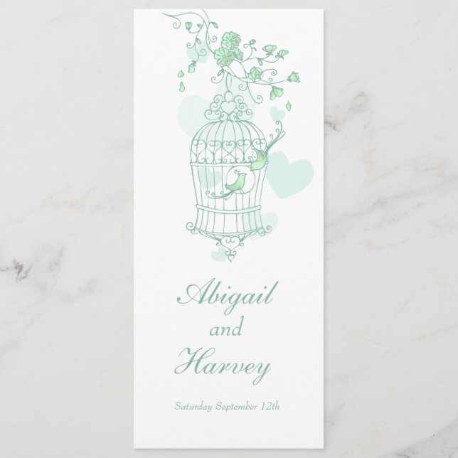 Green and white bird cage birds wedding dinner menu (Front)