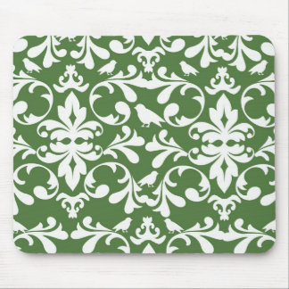 green and white bird damask pattern mouse pad