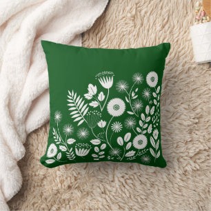 Green and White Boho Wildflower Throw Pillow