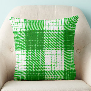Green and White Bold Checkered Plaid Design Throw Pillow