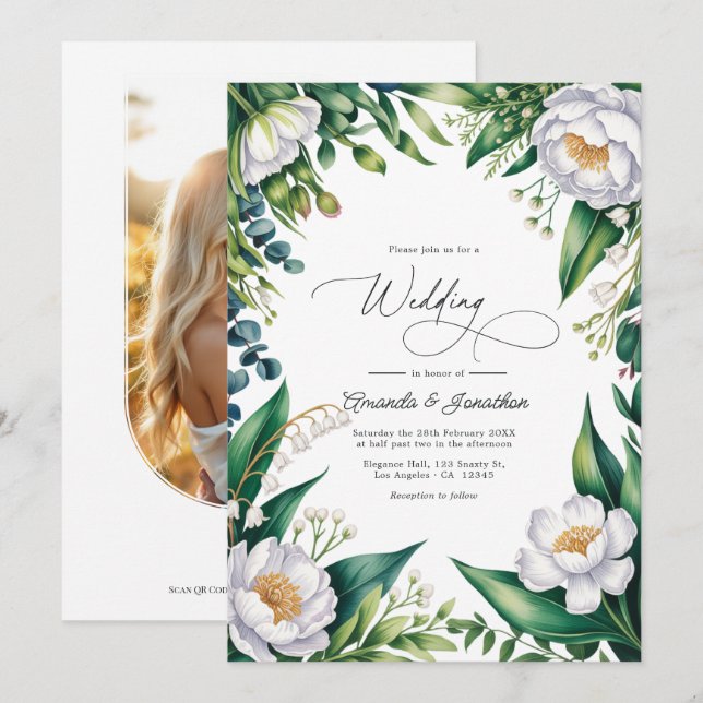 Green and White Botanical Floral Wedding QR Code Invitation (Front/Back)