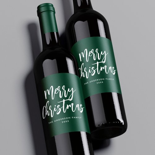Green and White Brush Script Merry Christmas Wine Label