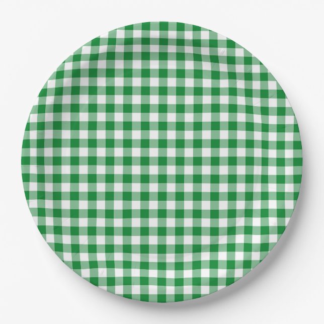 Green and  White Buffalo Checks plaid Paper Plates (Front)