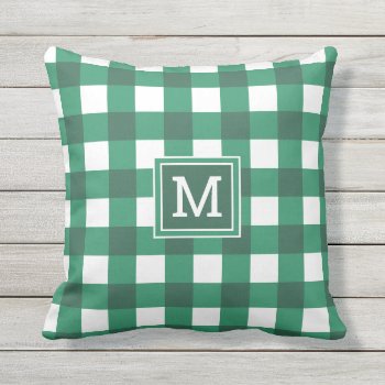 Green And White Buffalo Plaid Monogram Farmhouse Outdoor Pillow by InitialsMonogram at Zazzle