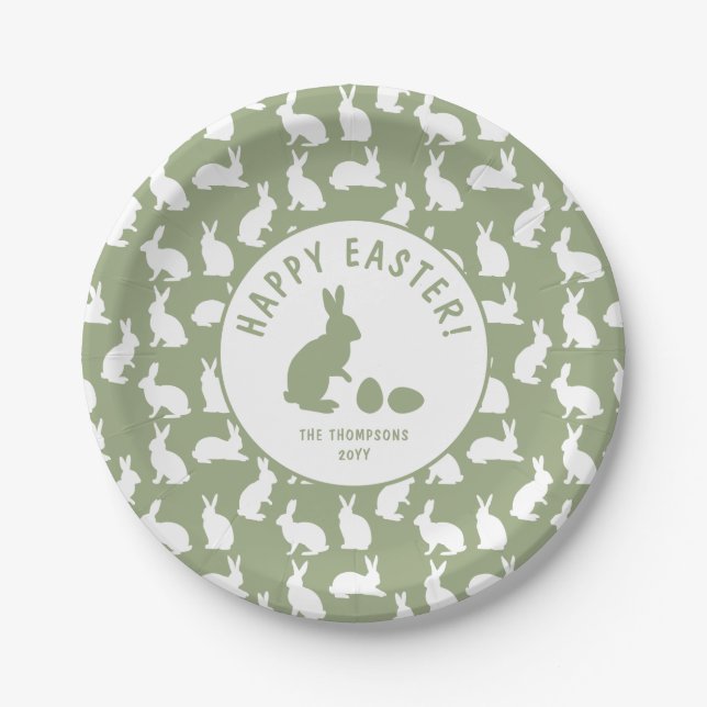 Green And White Bunny Pattern Happy Easter Paper Plates (Front)