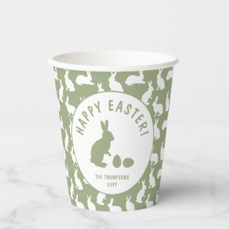 Green And White Bunny Rabbit Pattern Happy Easter Paper Cups