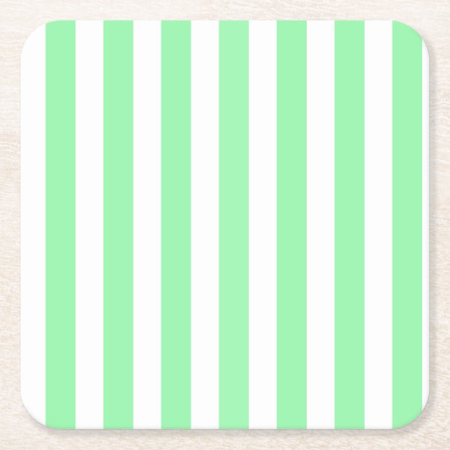 Green and white candy stripes square paper coaster (Front)