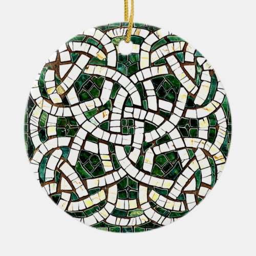 Green and White Celtic Knot Stone Mosaic Ceramic Ornament