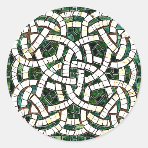 Green and White Celtic Knot Stone Mosaic Classic Round Sticker