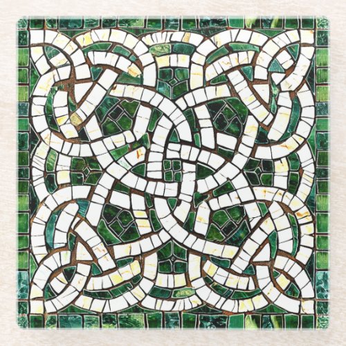 Green and White Celtic Knot Stone Mosaic Glass Coaster